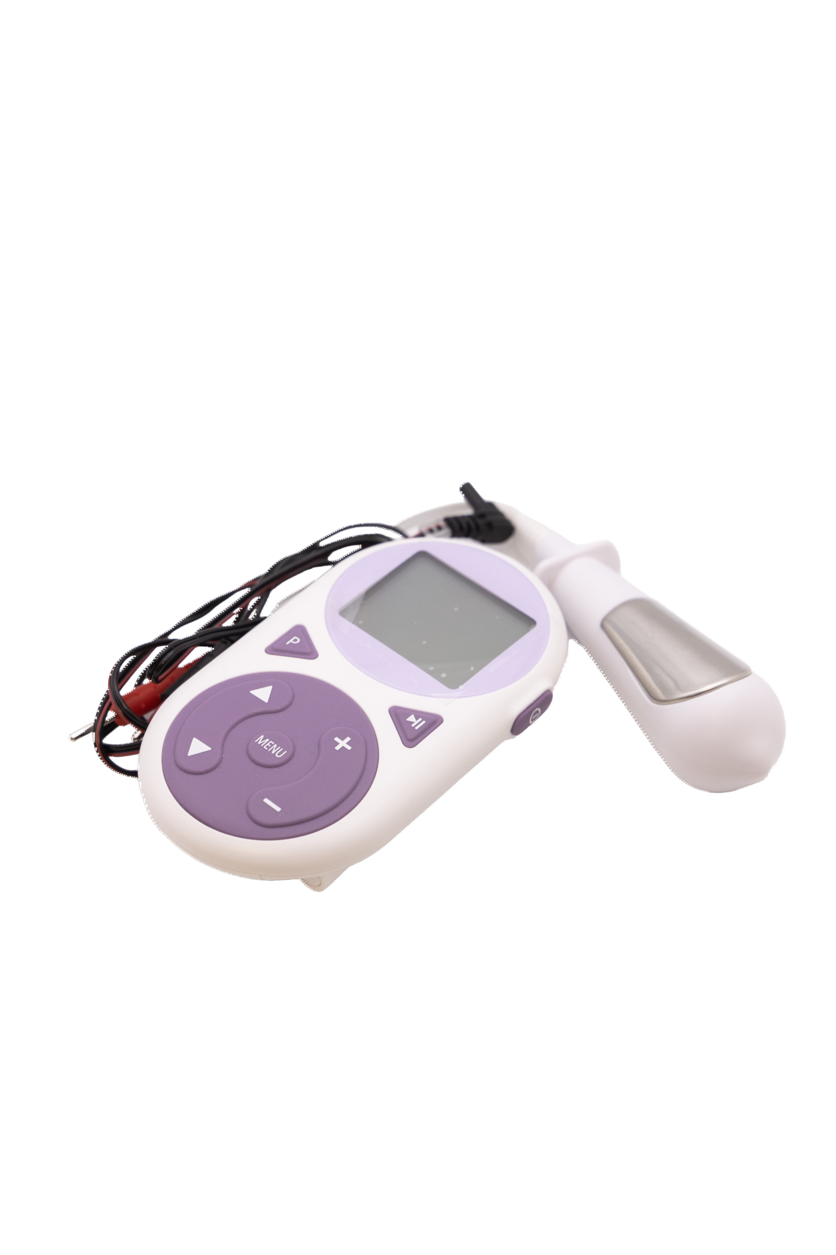 A handheld electronic device with buttons and a probe attachment.